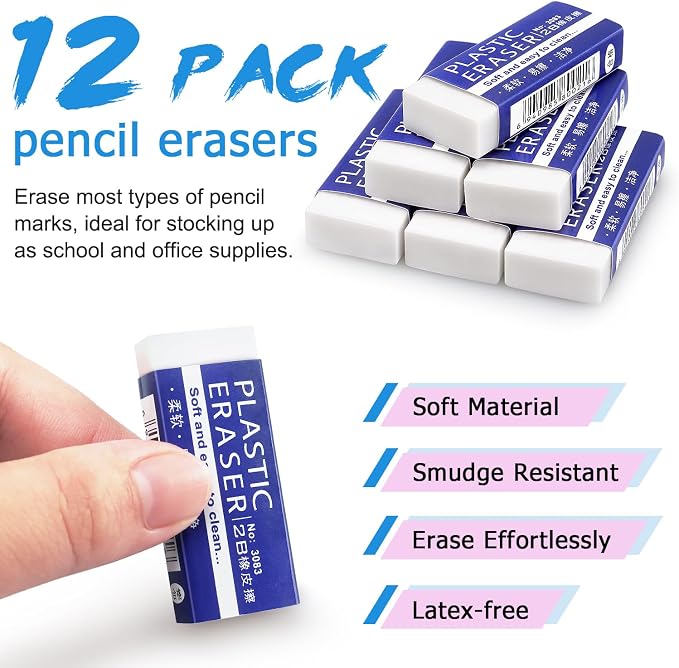Tamaki Erasers, Large, White, 12 Pack | Erasers for School Office, Art Eraser for Drawing