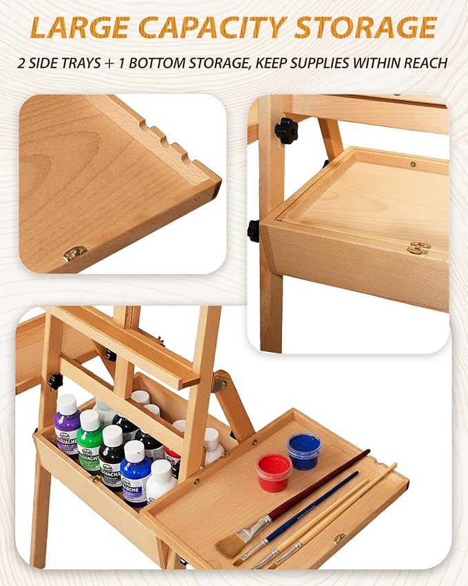 Painting Art Easel with Storage, 57"-72" Height Adjustable Easel Stand | Foldable beech wood easel with drawer trays,H-frame artist easel stand for painting,Wooden floor easel holds canvas up to 36"