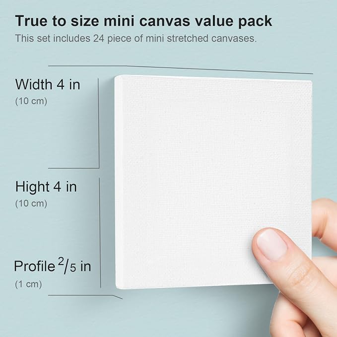 AUREUO Mini Stretched Canvas - 4x4 Inch/24 Pack - 2/6 Inch Profile Tiny Square Canvas Boards for Painting - Art Gift Set Bulk Pack Canvases for Acrylic Halloween Painting & Craft