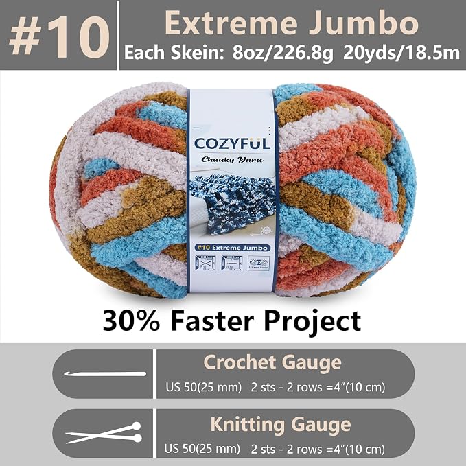 Cozyful Chunky Yarn for Hand Knitting - #10 Chunky Chenille Blanket Yarn, Jumbo Big Thick Chunky Yarns for Crocheting, Tie Dye Bulky Knit Yarns, 8 Skein (20 yds 8 oz Each Skein), Orange&Mustard&Beige