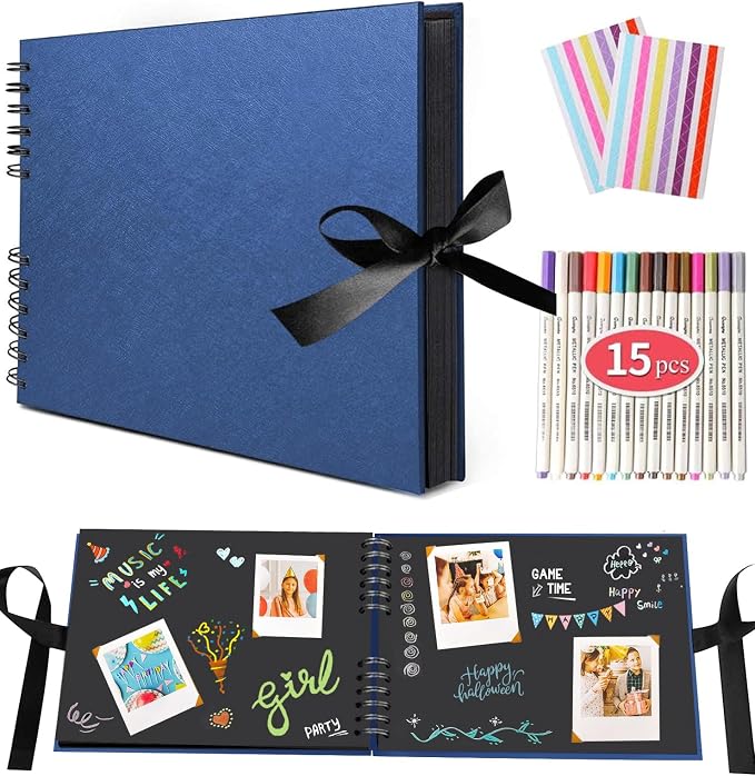 11.5 x 8.5 Inch Scrapbook Album with 15 Metallic Markers,Blue (40 Sheets) ﻿