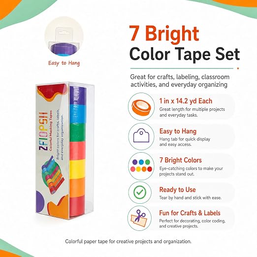 Colored Masking Tape 1 Inch, 7 Rolls, Colorful Tape for Crafts.