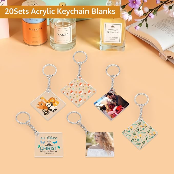 Acrylic Keychain Blanks Set Including 20Pcs Square Clear Acrylic Blanks with Hole 20 Key Chain Rings and 20 Open Jump Rings Clear Ornament Blanks for Keychains DIY Craft Jewelry Labels Gifts Packaging
