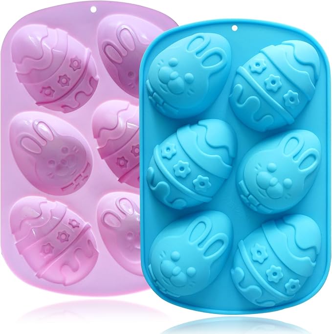 Egg Shape Silicone Molds 3.5 Inch, 2-Pack Chocolate Baking Holiday Easter Mould, Non-Stick BPA Free, Kid-Friendly Soap Mold Rabbit & Floral Designs, Blue & Pink