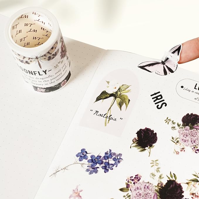 WT Pre-Cut Violet Veil Wide Washi Tape, Single Roll, Soft Lilac Florals & Misty Backgrounds with Script, Decorative Japanese Paper for Journaling, Scrapbooking, Planner, DIY Crafts, 65mm x 5m