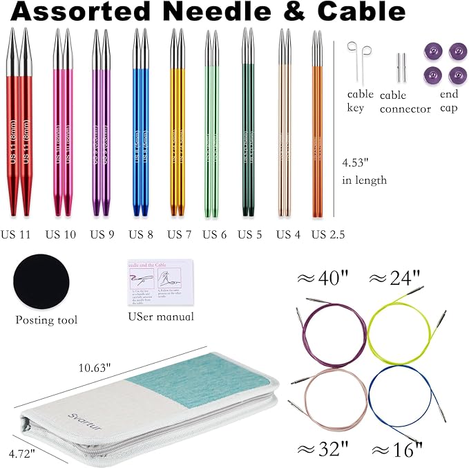 Svartur Interchangeable Circular Knitting Needles Set, with Multicolored Circular Knitting Needles and Cables, Accessories and Knitting Needle Storage Case, 9 Pairs