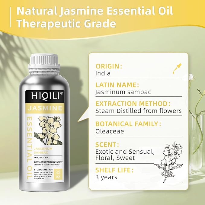 HIQILI Jasmine Essential Oil for Diffuser, Hair & DIY Perfume