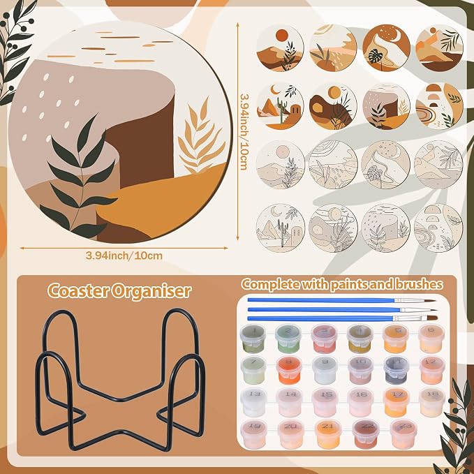 Reallnaive 8 Pcs Boho Paint by Numbers Kit for Adults Wooden Coasters | Mini Paint by Numbers, Tiny Cute Round Oil Painting Drink Coaster with Holder, for Small DIY Craft Birthday Gift