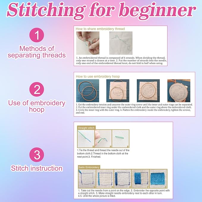 Mindsoft 3 Set Needlepoint Kit for Beginners with Hoop,Octopus | Bamboo Hoop Thread Needles Instructions, Easy Hand Embroidery for Beginners Home Crafts,Pre-stamped Funny Cute Designs