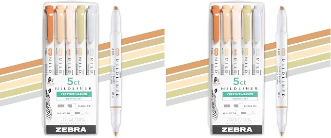 Zebra Pen Mildliner Double-Ended Highlighter Set, Broad and Fine Point Tips, No Bleed Bible Assorted Neutral Vintage Ink Colors, Model Number: 78605, 5-Count, Pack of 2