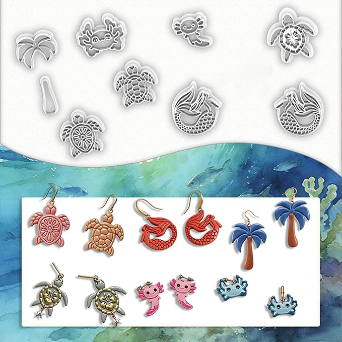 9 Pcs Summer Ocean Polymer Clay Cutters Set - Mermaid, Sea Turtle & Tropical Imprint Cutters for Polymer Clay Jewelry Making, Fit Gift for Ocean & Summer Lovers