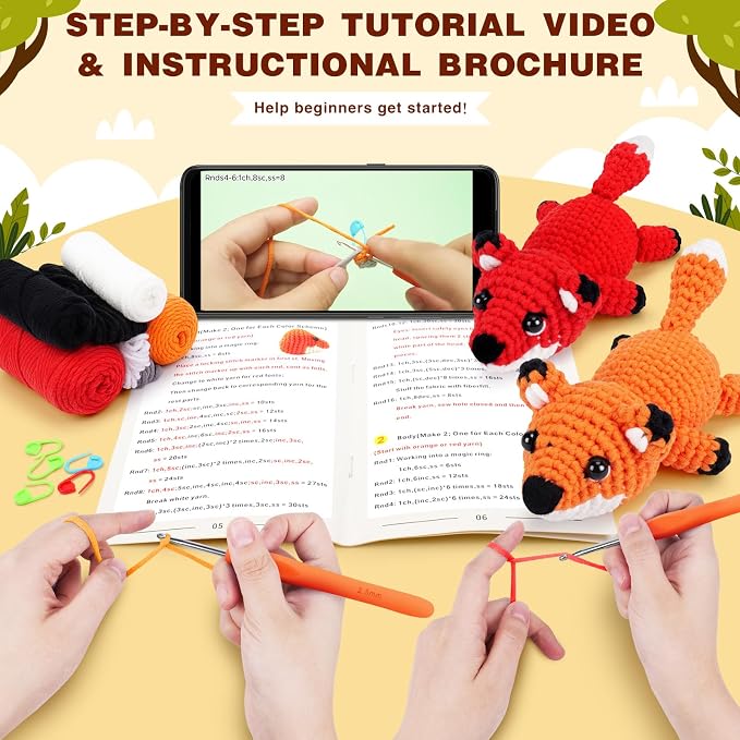 Crochet Kit for Beginners - 2 PCS Fox Crochet Kits with Step-by-Step Video Tutorials, Beginner Crochet Kit for Adults, Crochet Animal Kit, Crochet Fox Set