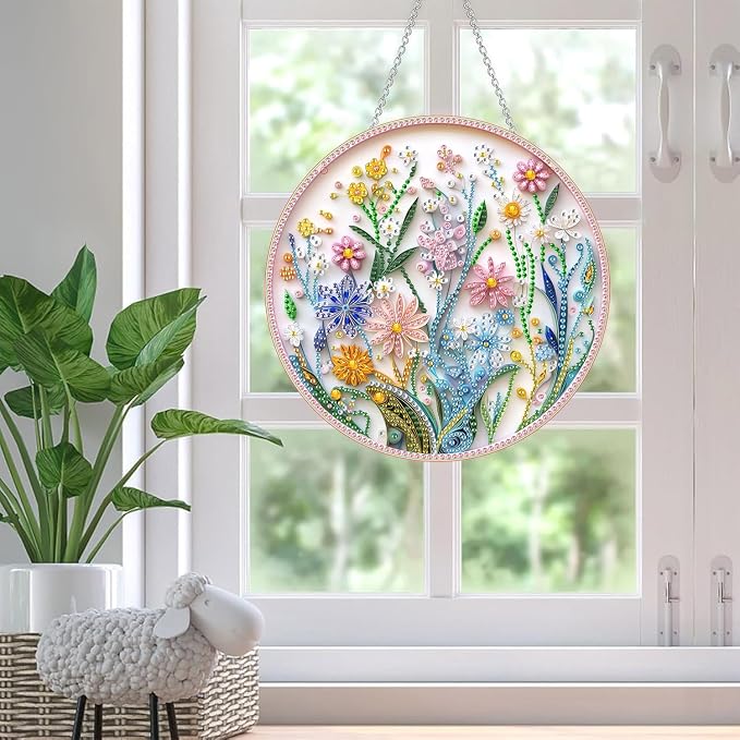 SKRYUIE Flower Hanging Diamond Art Kits for Adults Pendant Suncatcher, Special Shaped Crystal DIY Pearl Diamond Painting Kit, Gift for Mother Spring Summer Window Wreath Decor 7.87 x 7.87 Inch