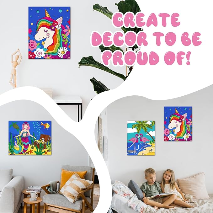 goldentime 3 Framed Canvas Paint by Numbers for Kids Ages 6 8 10 12 –Easy Paint by Numbers Kit for Kids and Adults –Unicorn Painting Kit for Girls, Mermaid Crafts for Girls Ages 6-8-12…
