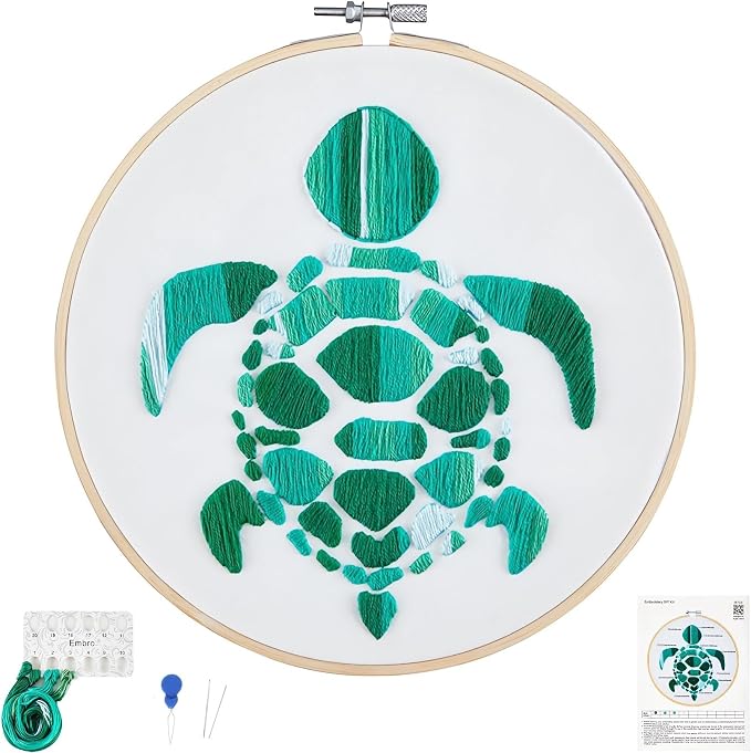 Sea Turtle Embroidery Kits for Beginners Adults, Hand DIY Embroidery Starter Kit, Stamped Cross Stitch Kits for Beginners Adult Craft Kits for Women, Entire Set of Embroidery Supplies & Video Tutorial