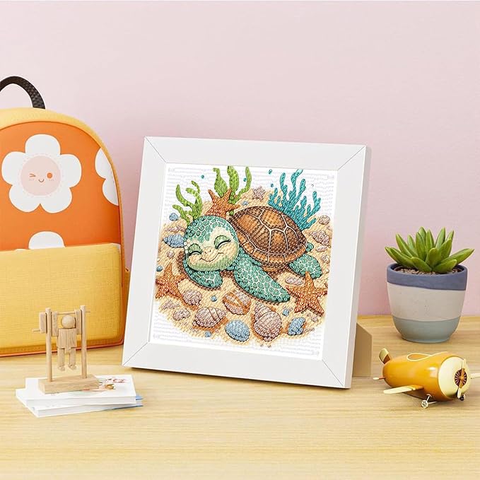 ajepon Turtles Diamond Art Kits for Kids with Frame, Animal Diamond Art for Kids Ages 8-12, Turtle Diamond Painting Kits for Kid with Beautiful Package for Gift Home Wall Decor (7x7inch)