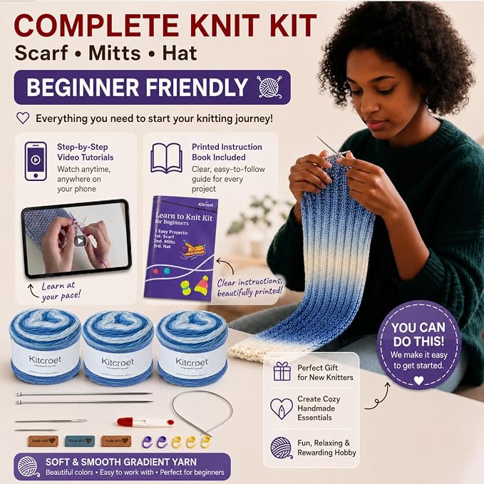 Knitting Kit for Beginners, Complete Starter Kit for Scarf, Hat, Gloves | Kitcroet Knitting Kit Video Tutorials & Written Guide; 2 Types of Needles & Knitting Accessories; 25% Extra Yarn Included