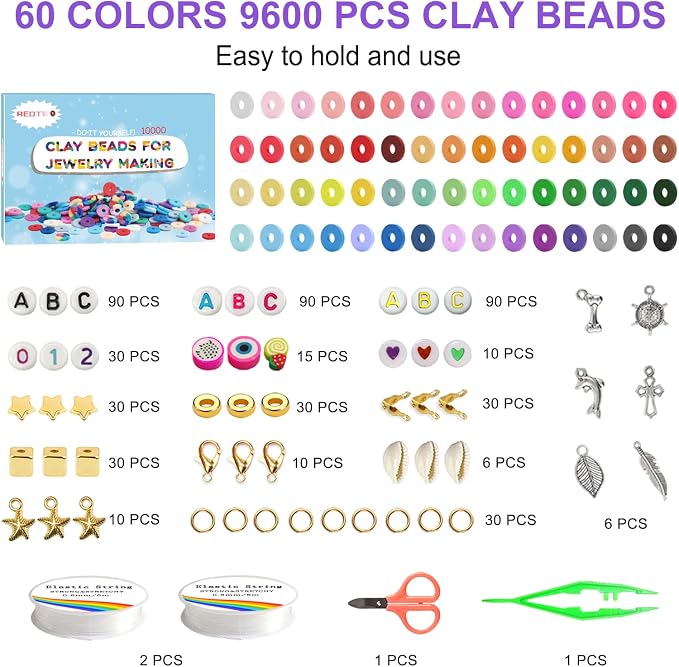Redtwo 10000 Pcs Clay Beads Bracelet Making Kit | 3 Boxes 60 Colors Beads Set for Friendship Jewelry Making Kit with Charms, Crafts Gifts for Girls Ages 6-12 Kids