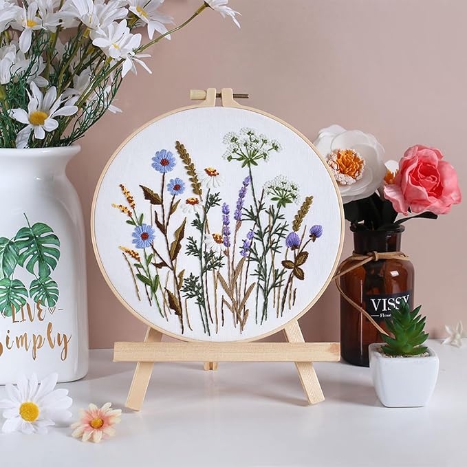 GLTAYLMY Flower Embroidery Kit for Beginners with Pattern and Instructions,3 Pack Cross Stitch Kits,1 Plastic Embroidery Hoops,Threads and Needles,Needlepoint Kit for Adults