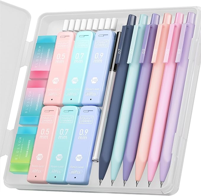 Four Candies Pastel Mechanical Pencil Set with Case, 6-Pack | 0.5/0.7/0.9mm, 360 Leads, 3 Erasers, 9 Eraser Refills, Back to School Supplies for Girls, Cute Aesthetic Stationery