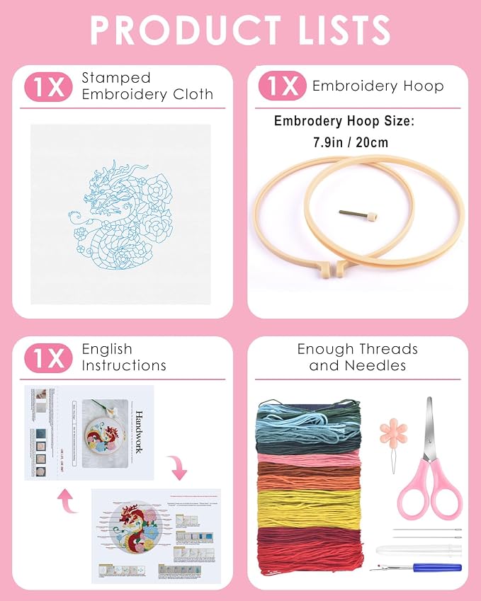 TINDTOP Embroidery Kit for Beginners Adult, Dragon Embroidery Kit for Beginners Include Embroidery Cloth Hoops Threads for Craft Lover Hand Stitch with Embroidery Skill Techniques | for Beginners Include Embroidery Cloth Hoops Threads for Craft Lover H...