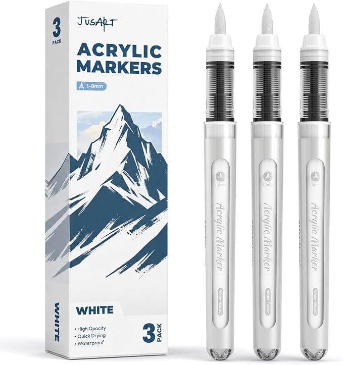 JusArt 3 White Acrylic Paint Markers Brush Tip, Automatic Ink Control