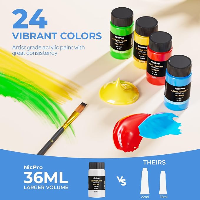 Nicpro 46PCS Acrylic Paint Canvas Set for Adults with 24 Paints (36ML) | Art Painting Supplies Kit, Table Wood Easel, 10 Canvas Panels, 12 Paint Brushes, Paper Pad, Cup, Palette, For Beginner Artist