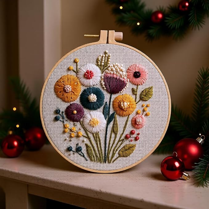 JJFox Embroidery Kit for Beginners and Adults, DIY Hand Embroidery Starter Kit with Cute Pattern, Cross Stitch Needlepoint Set with Hoop, Threads and Instructions (Flower)