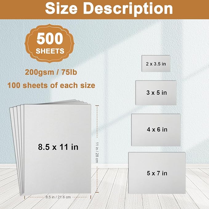 Silunkia 500 Sheets Grey Cardstock 5 Assorted Size Printer Paper 75lb