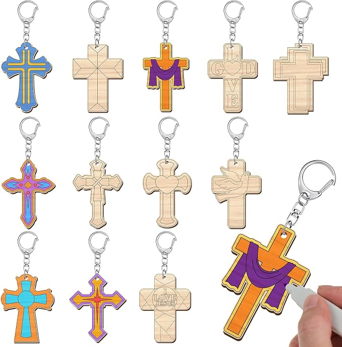 Trnayi 36 Pcs Religious Cross Wood Keychain Color Your Own DIY Craft | Religious Cross Wooden Keychain, Color Your Own Unfinished Craft, Blank Wood Painting DIY Craft, for Easter Art Project