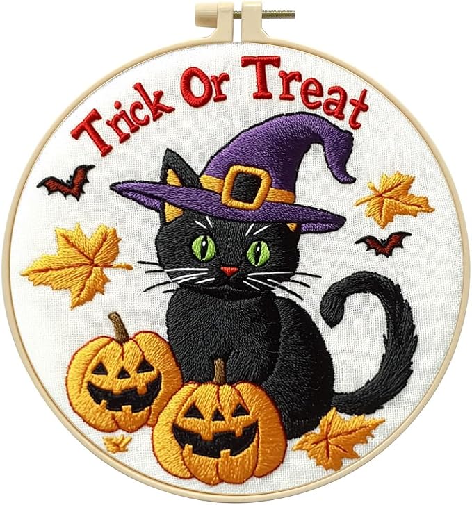 Zhenqing Halloween Black Cat Embroidery Kit for Beginners, Trick or Treat Witch Cat Needlework Kit with Pre-Printed Cotton Fabric, Hoop, Threads & Tools, Spooky DIY Decor (C0118)