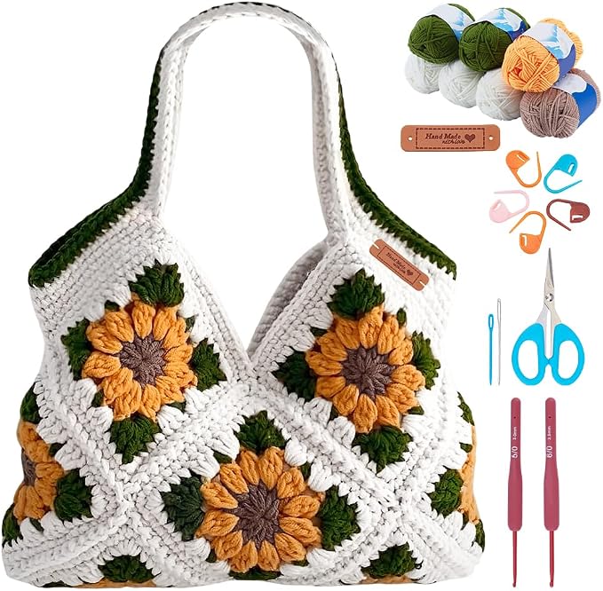 FREEBLOSS Crochet Sunflower Tote Bag Kit Beginners Crochet Kit for Adults with Step-by-Step Video Tutorials Knitting Handbag Set