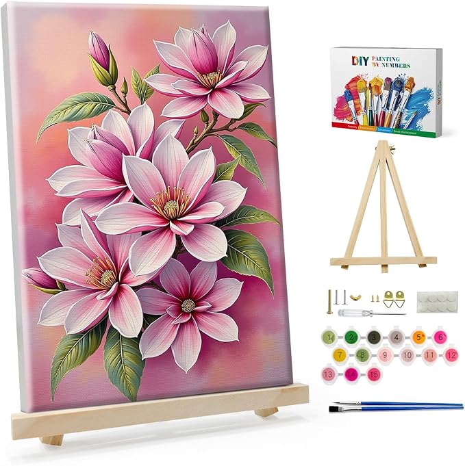 SparkGlow Flowers Paint by Numbers Kit for Adults with Frame, 8×12 Inch | Include Easel, Suitable for Beginners, Premium Canvas, Number Painting for Gift, Home Decoration, Relax and Fun
