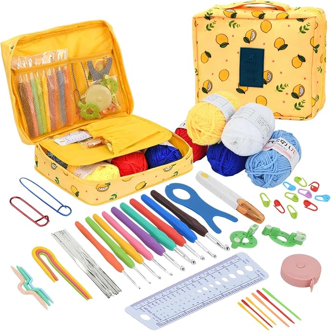 BJSSBJH Crochet Tools and Supplies Set, 57-Piece Crochet Hook Kit with Yarn and Accessories, Portable Craft Tool Kit for Adult Beginners and Experienced Crafters(A Style)