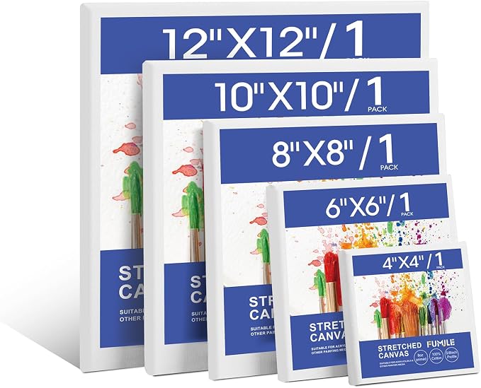 FUMILE Stretched Canvas for Painting Multi 5 Pack Square Canvas 4x4, 6x6, 8x8, 10x10, 12x12(1 of Each), Cotton Primed Acid Free Blank Canvases for Oil Paint, Acrylic Paint, Gouache and Tempera.