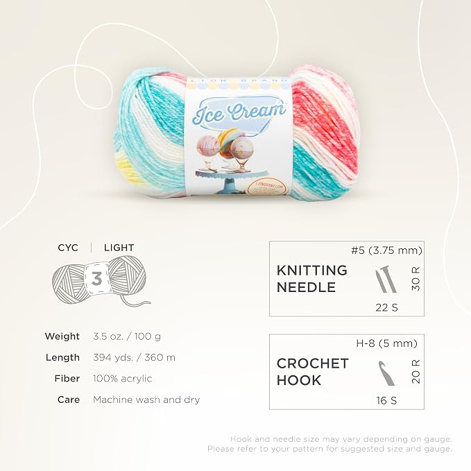 Lion Brand Yarn, Ice Cream Crochet Yarn, Funfetti, Multicolor, 1 Pack
