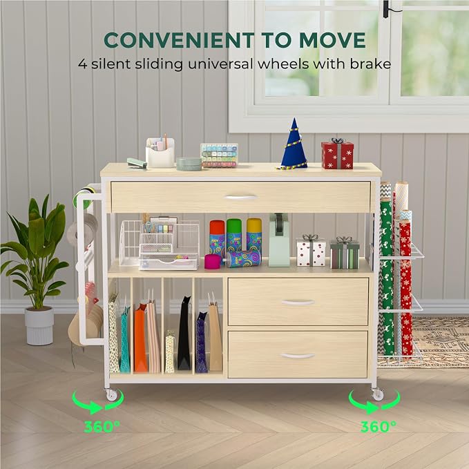 Wrapping Paper Storage & Organizer, Craft Cart with Ribbon & Gift Bag Storage, Wrapping Paper Organizer Holder(3 Wooden Drawers- Oak)