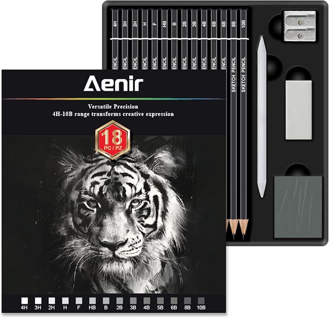 Aenir Sketch Pencils for Drawing, Drawing Pencils Set of 18, 10B–4H Graphite Pencil, Vinyl Eraser, Kneaded Eraser, Sharpener, Blending Stump,Sketch Set for Artists, Art Supplies.