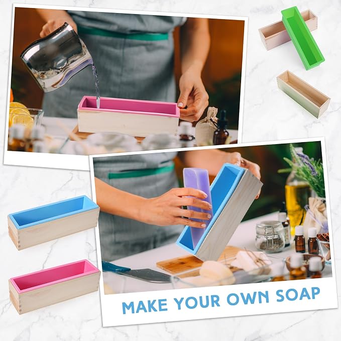 Ziliny 3 Pcs 42oz Soap Loaf Mold Flexible Silicone Mold, Green, Pink, Blue | Rectangular, Wood Box Tray, Making Supplies for Homemade Craft DIY Tool