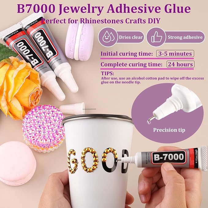Resin Jelly Rhinestones for Crafting with B7000 Jewelry Glue, 1 Box Gold Flatback Crystal with 3Pcs 10ml Glue, Bedazzling Non Hotfix Gems for DIY Tumblers Clothing Shoes Manicure