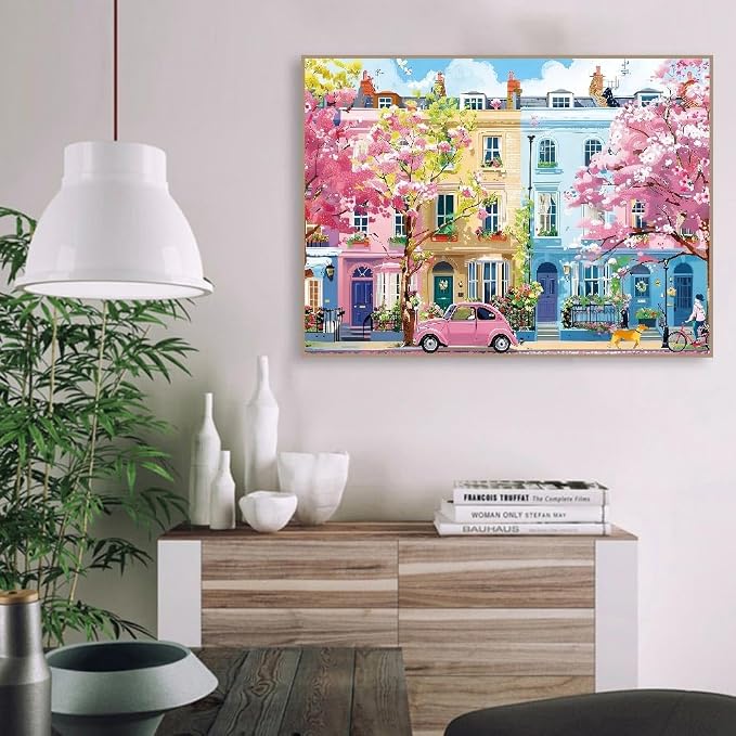 Clendo Paint by Numbers Kit for Adults Beginners, Spring Street Adult Paint by Numbers on Canvas, Acrylic Painting Crafts for Home Decor (16x20inch)