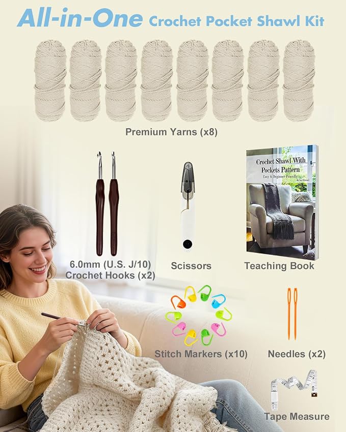 Arborthread Crochet Kit for Beginners, Easy All-Season Pocket Shawl & Scarf Crochet Kit for Adults w/Ample Premium Yarn to Fit Different Sizes, Step-by-Step Video & Instructions, Light Khaki