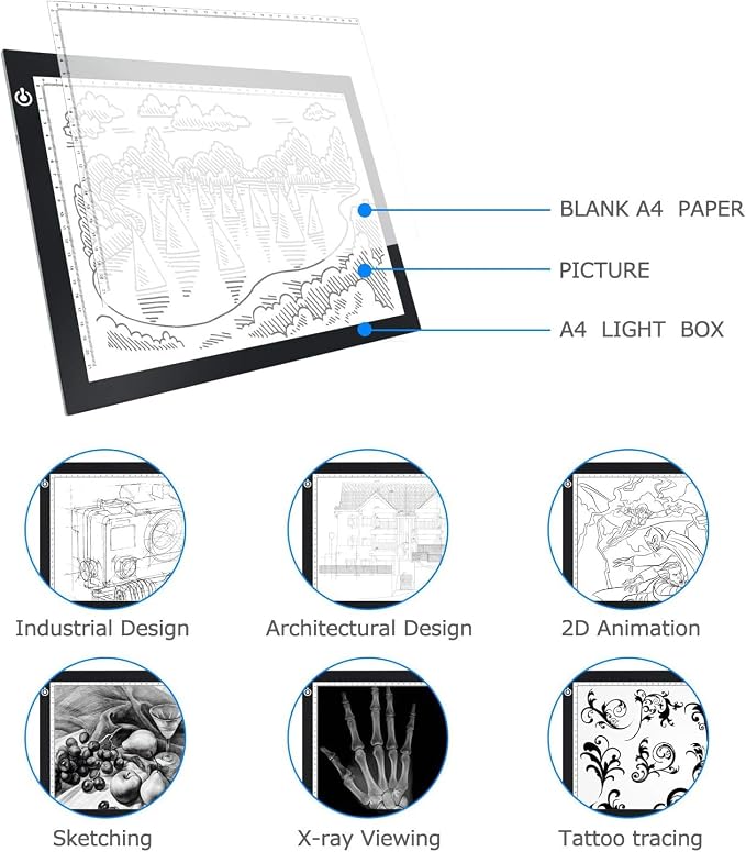 LitEnergy A4 LED Copy Board Light Tracing Box, Adjustable USB Power Artcraft LED Trace Light Pad for Tattoo Transferring, Drawing, Sketching, Animation, Stenciling, Diamond Art Painting Accessories