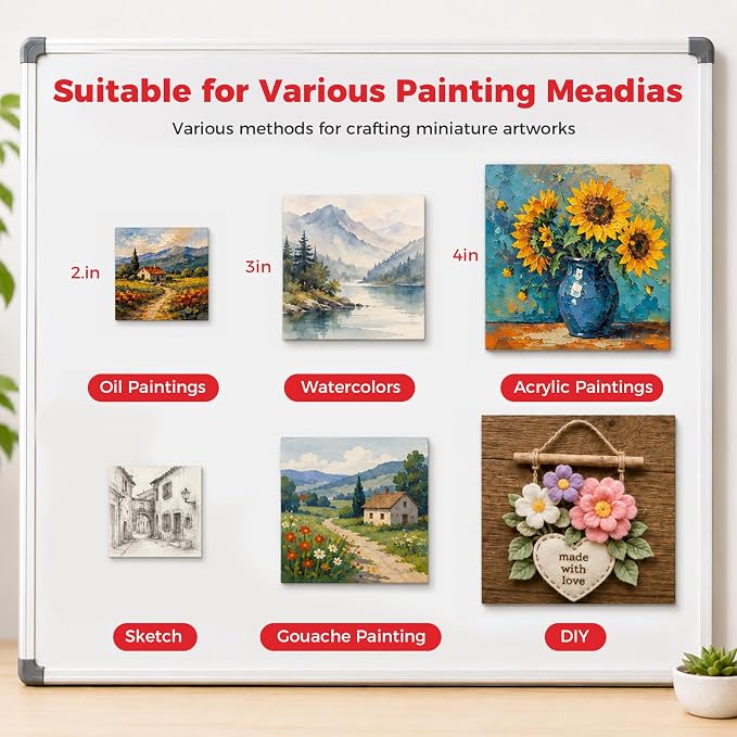 CONDA 60 Pack Multi-Size Mini Magnetic Canvas Panels, Small Canvases for Painting for Oil, Acrylic, Pouring Watercolor & Art Crafts DIY