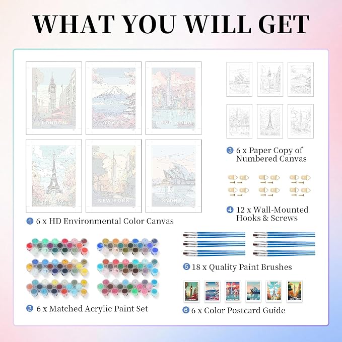6 Pack Paint by Numbers Kit for Adults, Cityscape Canvas Painting Set | 10x14 Inch, DIY Acrylic Painting Craft Kit for Beginners without Frame, Relaxing Creative Hobby, Home Wall Decor, Gift