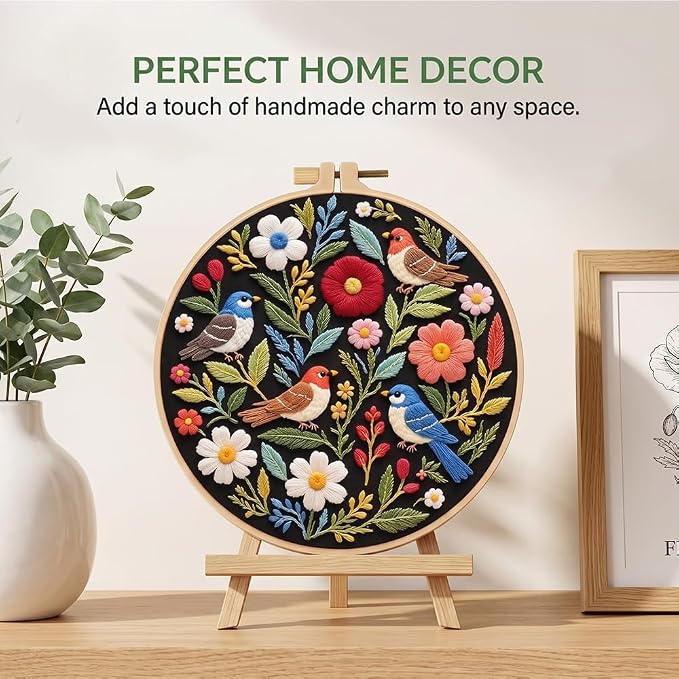 Bird Embroidery Kit for Beginners, Floral Hand Embroidery Starter Kit with 6 Inch Hoops, Pre-Printed Patterns Cloth, Needles, Threads & Accessories, DIY Embroidery Starter Kit for Women Craft Lovers