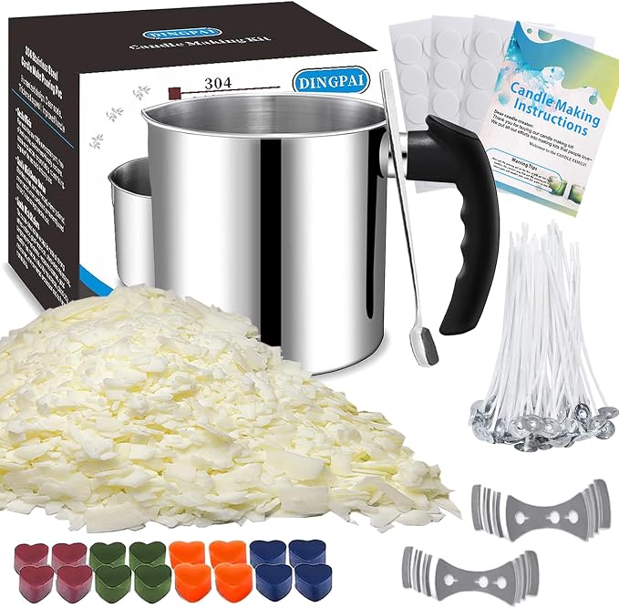 DINGPAI Candle Making Supplies, Candle Make Pouring Pot, Wicks & Soy Wax | 304 Stainless Steel Melting pot & Spoon, Candle Wicks, Sticker and Wicks Holder, 1LB Natural Soy Wax for Candle Making