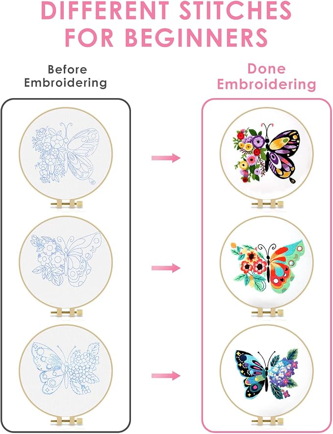 TINDTOP 3 Sets Embroidery Stitch Practice kit, Butterfly Flower Embroidery Kit for Beginners Include Cloth Hoops Threads for Craft Lover Hand Stitch with Embroidery Skill Techniques