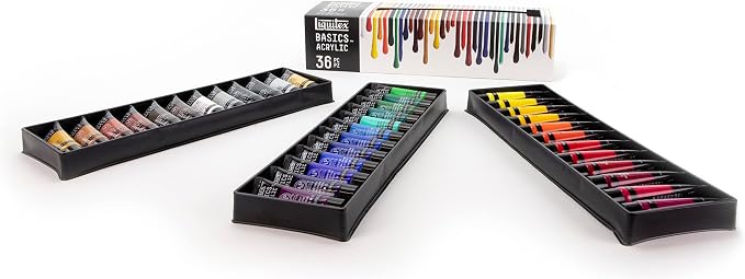 Liquitex BASICS Acrylic Paint Set, 36 x 22ml (0.74-oz) Tube Paint Set | Medium Viscosity, Satin Finish, Lightfast, Fine Art Pigments, Range of Opacities, Easy Blending