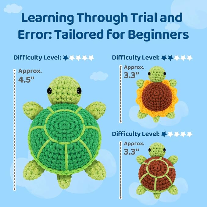 Mewaii Crochet Kit for Beginners, 3 Pack Sea Turtles Craft Set | 40% Extra Yarn, Video Tutorial, Pre-Started Piece, Beginner Friendly, Family Craft Gift for Adults & Kids